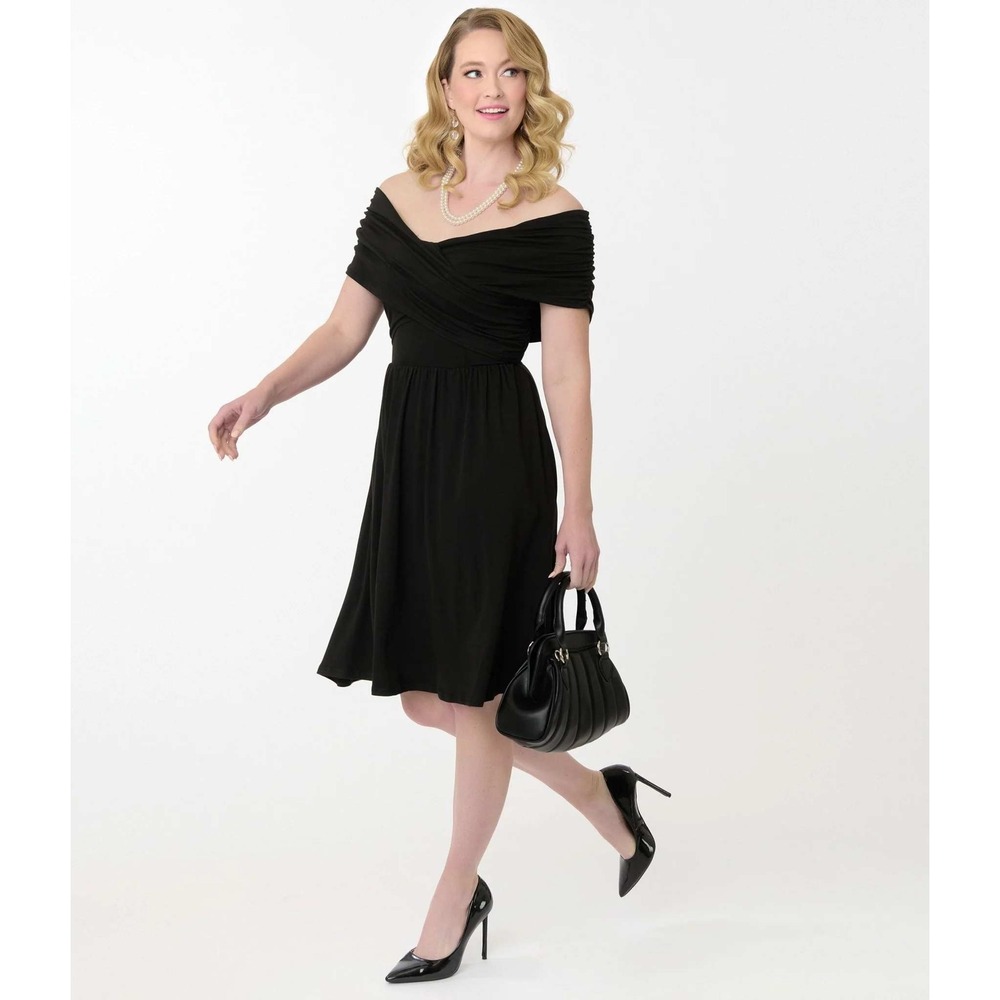 Unique Vintage Black Ruched Twist Front Cap Sleeve Midi Dress XL 14